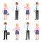 Nice looking, young business man, woman vector. Standing side view, writing notes, pointing finger male, female cartoon character