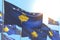 Nice many Kosovo flags are wave against blue sky photo with soft focus - any celebration flag 3d illustration