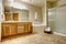 Nice master bathroom with large shower and woone cabinets.