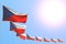 Nice memorial day flag 3d illustration - many Czechia flags placed diagonal on blue sky with space for your content