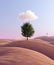 Nice minimalism Art poster. Pastel colors. Lonely green tree in desert. Concept of loneliness. Abstract design 3d