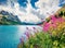 Nice morning view of Fedaia lake. Attractive summer scene of Dolomiti Alps, Trentino-Alto Adige/Sudtirol region, Italy, Europe.