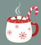 Nice mug with hot chocolate, marshmallows and sweets. Vector illustration in flat style.