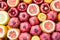 Nice natural background with pomegranates, oranges and grapefruits. Many opened fruits at a market in Istanbul, Turkey during