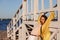 Nice plus size woman on wooden structure on beach