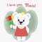 A nice polar bear holds three tulips. Congratulations on your mother`s day, in the style of cartoons.