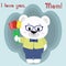 A nice polar bear holds three tulips. Congratulations on your mother`s day, in the style of cartoons.
