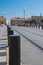 Nice, Provance, Alpes, Cote d`Azur, French  July 31, 2018; Tram road on Place Massena with red building and street lights.