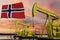 Nice pumpjack oil extraction and cloudy sky in sunset with the Norway flag