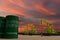 Nice pumpjack oil extraction and cloudy sky in sunset with the SAUDI ARABIA flag on oil barrels 3D rendering