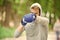 Nice punch. Boxing training endurance. Man athlete concentrated face with sport gloves practicing boxing nature