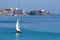 Nice sailboat in a bay near small town Palamos in Costa Brava of Spain