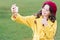 Nice shot. Application for smartphone. Modern communication. Girl hold smartphone taking selfie. Selfie for social