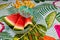 Nice shot of watermelon wedges in a bowl on a colorful tablecloth, decorated with a tiny umbrella