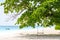 Nice swing wood and robe under big tree on the sand beach with boat and blue sky in background