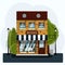 A nice two-story bookstore. Flat illustration of a brick building with a European striped canopy, street lights and