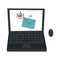 Nice vector flat modern black laptop and computer mouse with a cute pink-gray bird with a letter in beak on a white background.