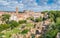 Nice view in the Roman Forum, with the Basilica of Santa Francesca Romana, Colosseum and Titus Arch. Rome, Italy.