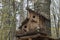 Nice wooden birdhouse attached to birch trunk made of boards and twigs with double level roof and feeder-balcony