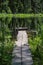 nice wooden plank boardwalk leans into blue lake with green shores and blue sky