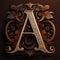 Nice wrought iron letter A, entwined by floral design flowers. Metallic, brown, gold colors monogram symbol. AI