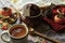 Nicely set table forNicely set table for dinner. Hot soup in a clay pot is waiting for guests. Photos in vintage style. Side view