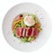 Nicoise salad of rare fried tuna, potato, salad mix and poached