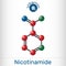 Nicotinamide, NAM, C6H6N2O  molecule. It is vitamin B3 found in food, used as a dietary supplement. Molecule model