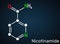 Nicotinamide, NAM, C6H6N2O  molecule. It is vitamin B3 found in food, used as a dietary supplement. Structural chemical formula on