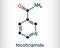 Nicotinamide, NAM, C6H6N2O  molecule. It is vitamin B3 found in food, used as a dietary supplement. Structural chemical formula