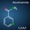 Nicotinamide, NAM, C6H6N2O  molecule. It is vitamin B3 found in food, used as a dietary supplement. Structural chemical formula on