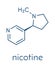 Nicotine tobacco stimulant molecule. Main addictive component in cigarette smoke. Skeletal formula.