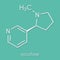 Nicotine tobacco stimulant molecule. Main addictive component in cigarette smoke. Skeletal formula.