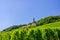 Niederwalddenkmal Germania monument on Niederwald broad hill with vineyards green fields of Rhine river valley
