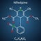 Nifedipine, molecule. It is dihydropyridine calcium channel blocking agent. Structural chemical formula on the dark blue