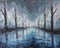 Night abstract landscape oil painting, reflection of trees in water