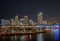 Night aerial drone photo Bayside Downtown Miami Marina harbor