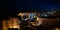 Night Aerial Panoramic view to Saranda city and bay of Ionian sea, Albania