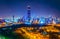 Night aerial view of the downtown Kuwait dominated by the liberation tower