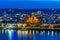 Night aerial view of the riverside promenade and Saint Martin church in Cologne, Germany