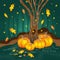 Night autumn fairytale forest with pumpkins