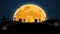 Night background for halloween with evil pumpkins, graveyard, bats, spiders on background of a large glowing moon