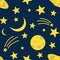 Night background, Saturn, Moon, comet and shining stars on dark blue sky, vector illustration. Good night concept