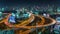 Night bangkok traffic circle junction road roof panorama 4k time lapse thailand