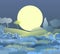 Night beautiful rural landscape. Cartoon style. Hills with grass and dark trees. Large Moon and moonlight. Lush meadows