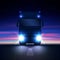 Night big semi truck with bright headlights and dry van semi riding in the dark on night road on colorful starry sky background