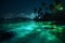 night blue paradise luminous ocean tree beach vacation palm tropical sky. Generative AI.