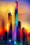 Night bright modern landscape with colorful sky. Multicolored metropolis with skyscrapers. Digital illustration. AI