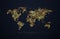 Night bright world map with golden dots and light effects vector illustration. Isolated vivid brilliant mainlands pixel art style