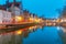 Night Bruges canal and bridge, Belgium